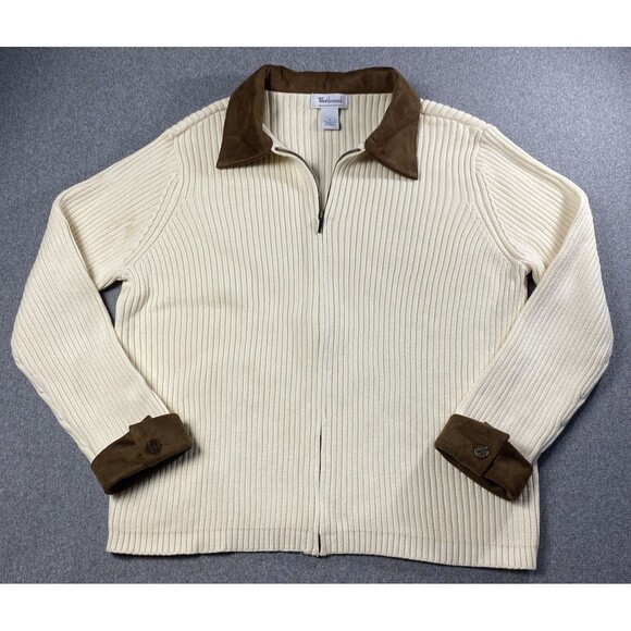 Westbound Women Knit Sweater/Cardigan Full  Zip Faux Suede Collar Sz L Stretch - Picture 1 of 7